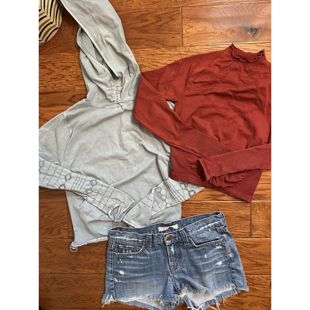 Lot 2 FP Movement Free People M Blue Hoodie/Rust Mock Neck Long Sleeve Top